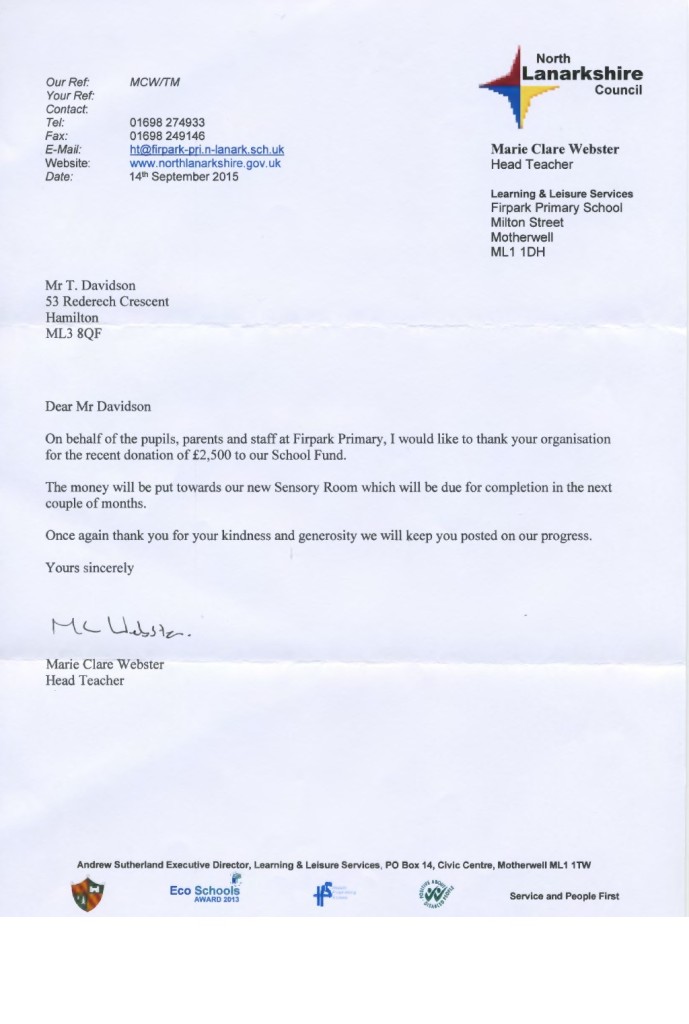 Fir Park School Thank You Letter 160915