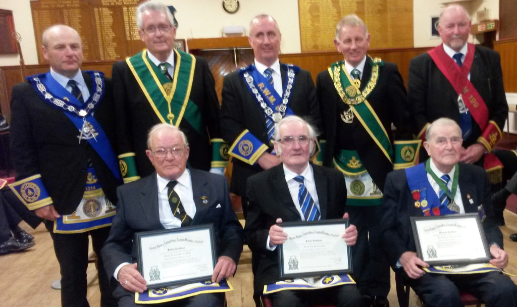 (back row) Allan Hutton, Bill Perry, Andrew McCulloch, Tom Davidson and Alexander Cowe (recipients in front row) Lawrence Peterson, John McCully and Tom Galbraith